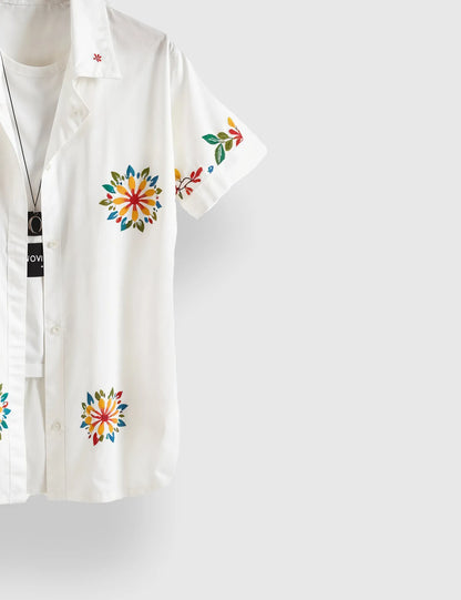 Men's White Floral Embroidered - Printed Half Sleeve Shirt