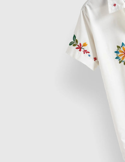 Men's White Floral Embroidered - Printed Half Sleeve Shirt
