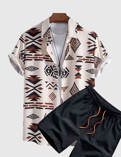 Men’s White Geometric Vibes Print Shirt and Shorts Co-ord Set
