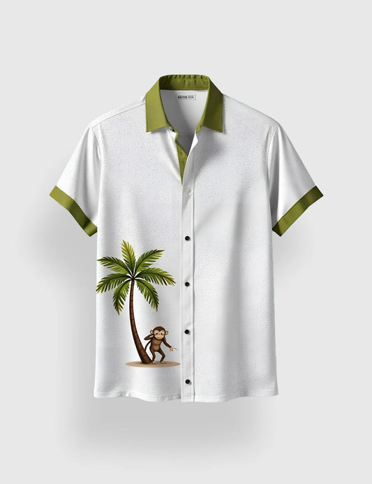 Men's White & Green Palm Tree- Printed Half Sleeve Shirt