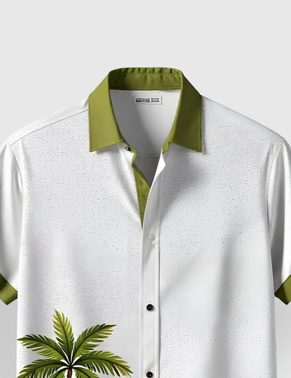 Men's White & Green Palm Tree- Printed Half Sleeve Shirt