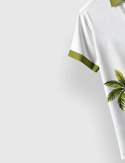 Men's White & Green Palm Tree- Printed Half Sleeve Shirt