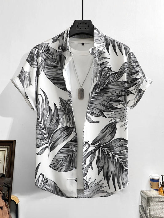Men's White Leaf Print Shirt Relaxed Printed Casualwear
