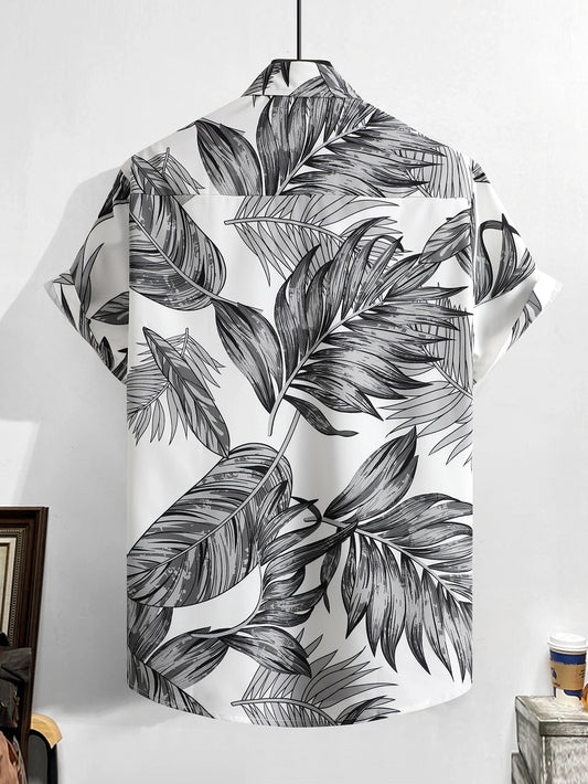Men's White Leaf Print Shirt Relaxed Printed Casualwear
