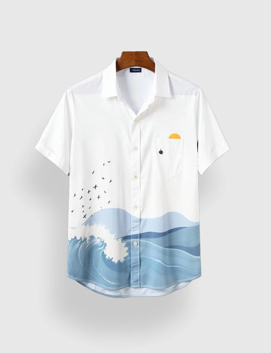Men's White Ocean Wave Coastal Vibes - Printed Half Sleeve Shirt