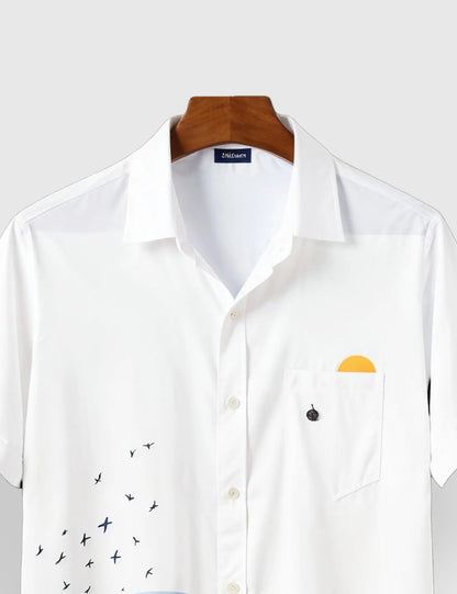 Men's White Ocean Wave Coastal Vibes - Printed Half Sleeve Shirt