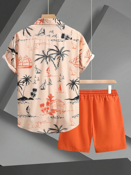 Men’s Orange Resort Print Shirt and Shorts Co-ord Set – Casual Summer Outfit