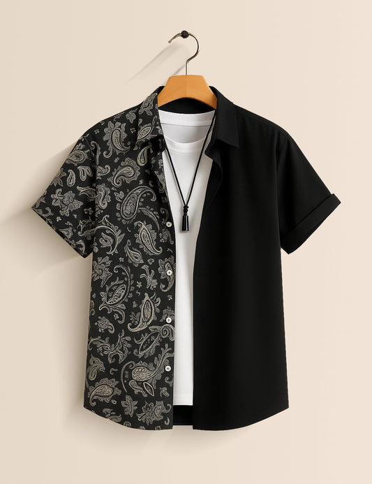Men's Paisley and Solid Split – Printed Half Sleeve Shirt - XPST