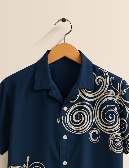 Men's Navy Blue Swirl Pattern - Printed Half Sleeve Shirt - XPST