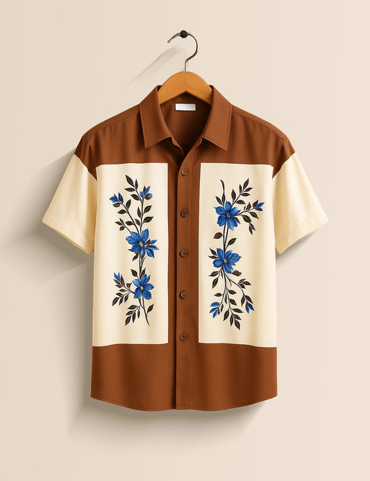 Men's Brown & Cream Floral Panel - Printed Half Sleeve Shirt - XPST