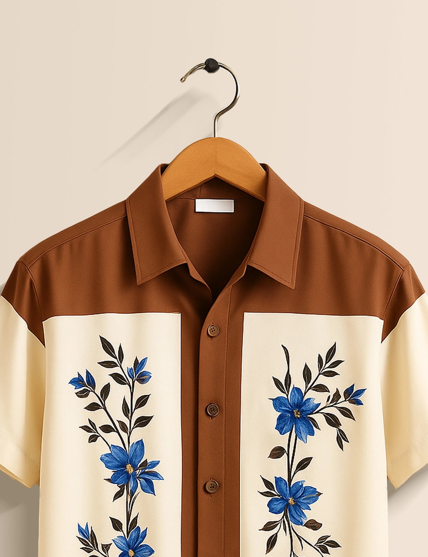 Men's Brown & Cream Floral Panel - Printed Half Sleeve Shirt - XPST