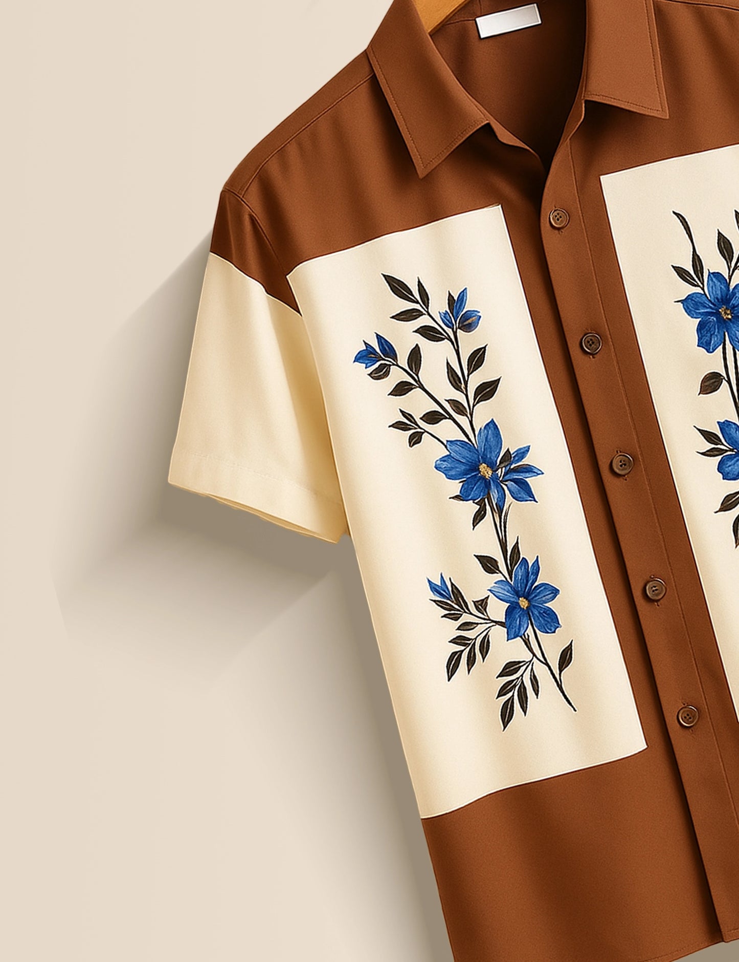 Men's Brown & Cream Floral Panel - Printed Half Sleeve Shirt - XPST
