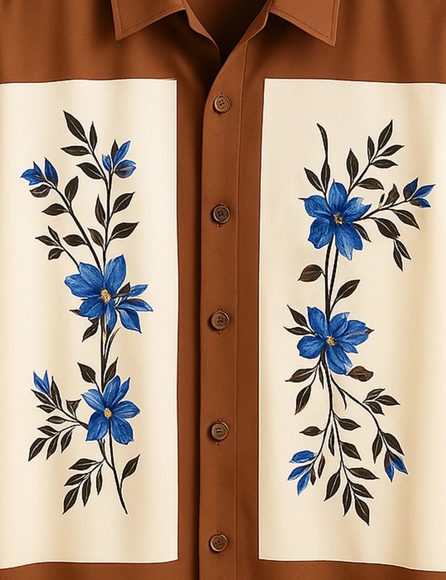 Men's Brown & Cream Floral Panel - Printed Half Sleeve Shirt - XPST