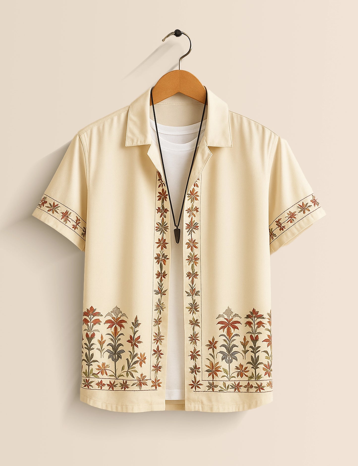 Men's Cream Floral Embroidered - Printed Half Sleeve Shirt - XPST