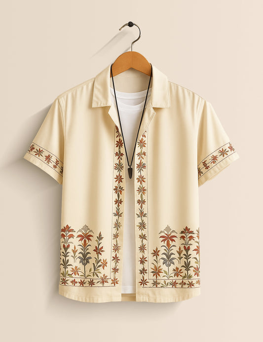 Men's Cream Floral Embroidered - Printed Half Sleeve Shirt - XPST