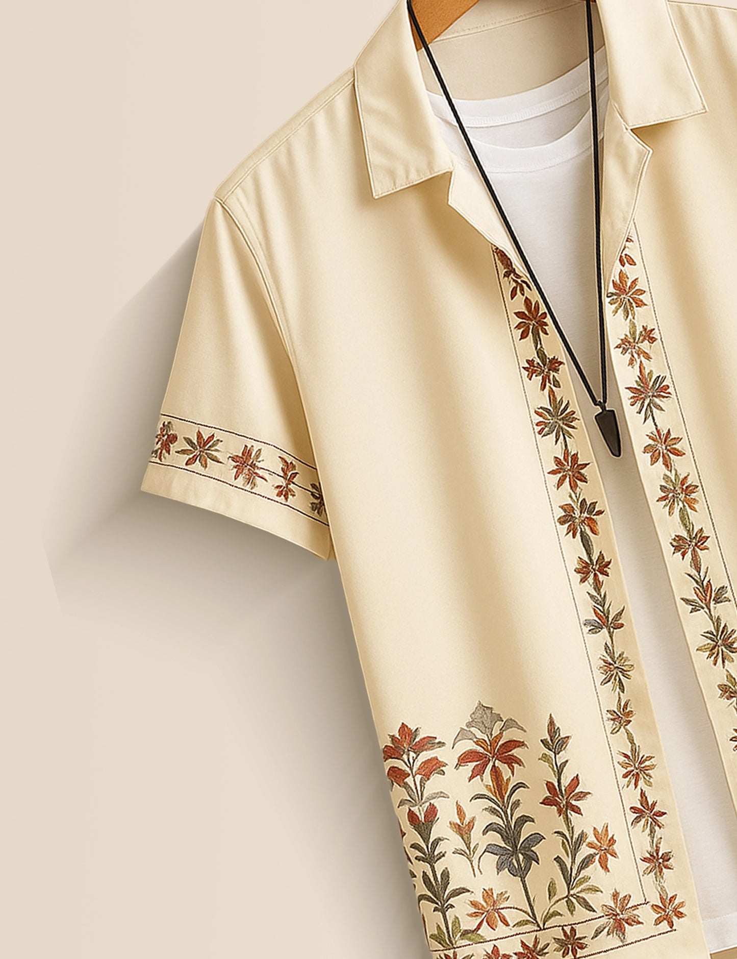 Men's Cream Floral Embroidered - Printed Half Sleeve Shirt - XPST