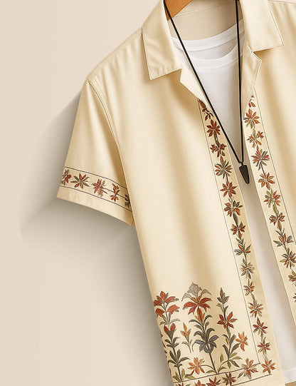 Men's Cream Floral Embroidered - Printed Half Sleeve Shirt - XPST