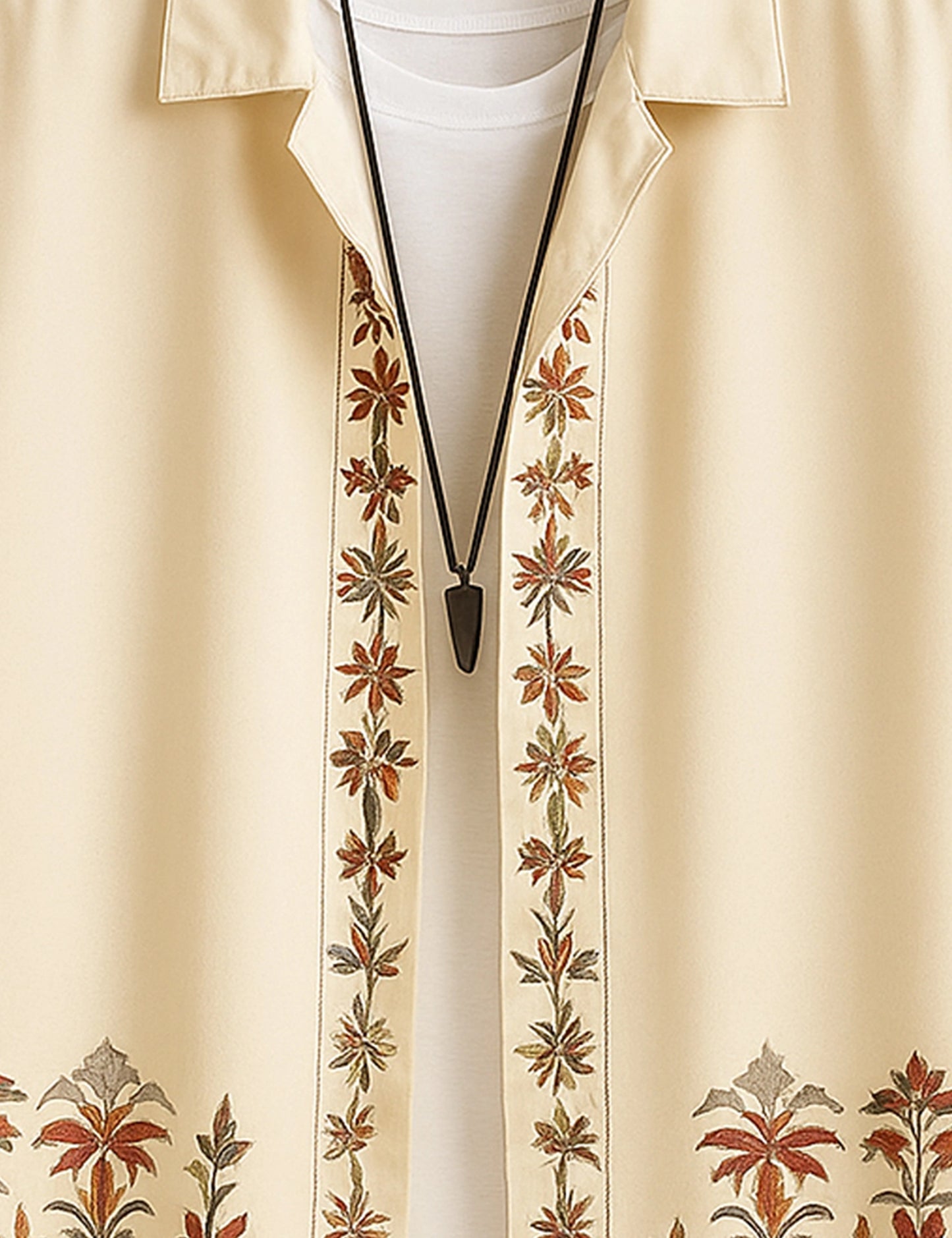 Men's Cream Floral Embroidered - Printed Half Sleeve Shirt - XPST