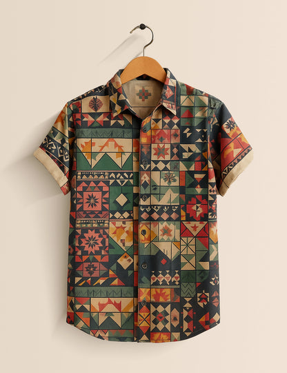 Men's Bohemian Patchwork – Printed Half Sleeve Shirt - XPST