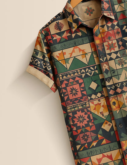 Men's Bohemian Patchwork – Printed Half Sleeve Shirt - XPST