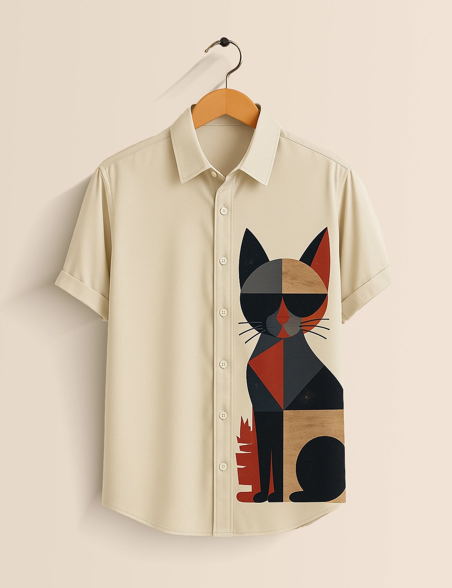 Men's Off White Geometric Cat – Printed Half Sleeve Shirt - XPST