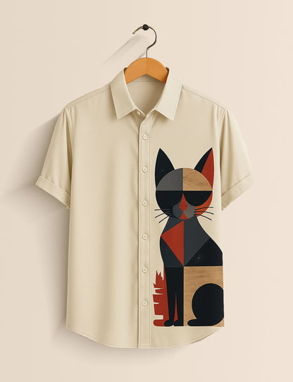 Men's Off White Geometric Cat – Printed Half Sleeve Shirt - XPST