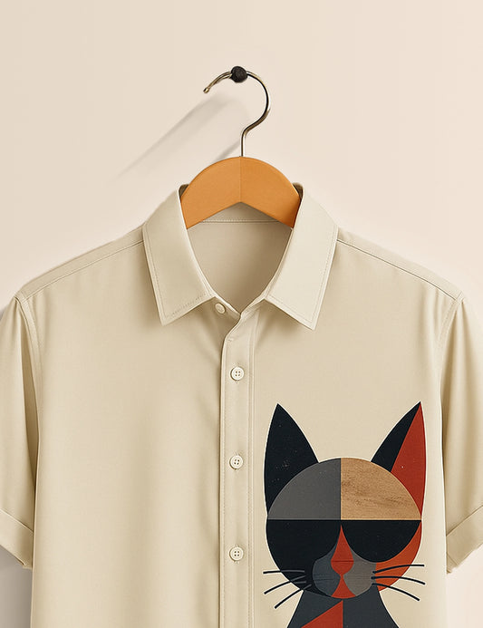 Men's Off White Geometric Cat – Printed Half Sleeve Shirt - XPST