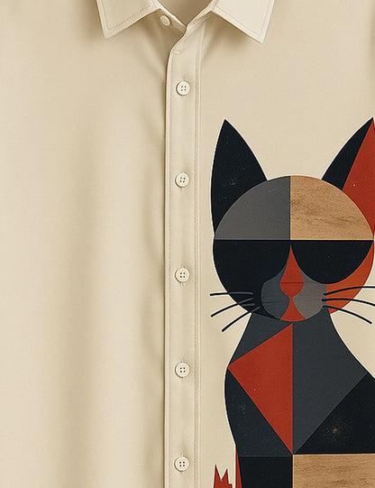 Men's Off White Geometric Cat – Printed Half Sleeve Shirt - XPST