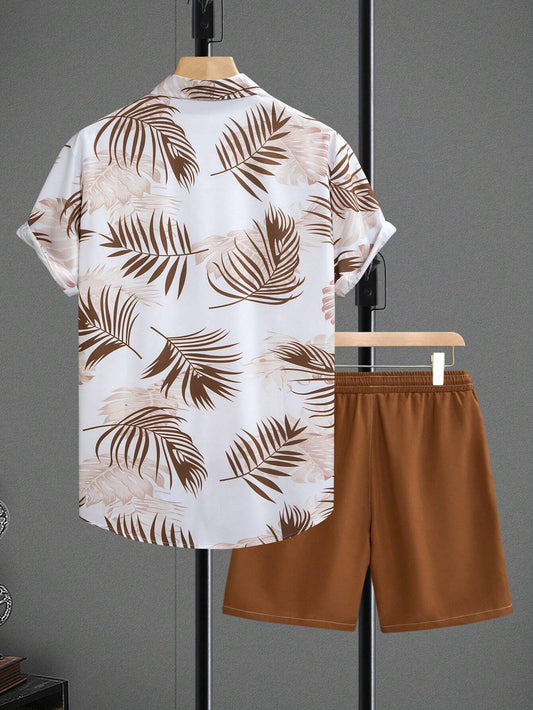 Men’s Brown Leaf Print Shirt and Shorts Co-ord Set – Casual Summer Outfit
