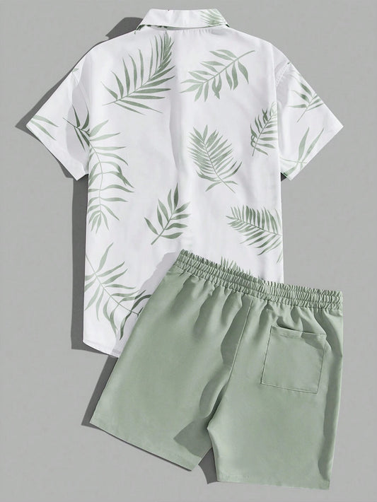 Men’s White Green Leaf Print Shirt and Shorts Co-ord Set – Casual Summer Outfit