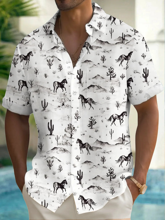 Men's White Horse Printed Shirt – Relaxed Fit Summer Casualwear
