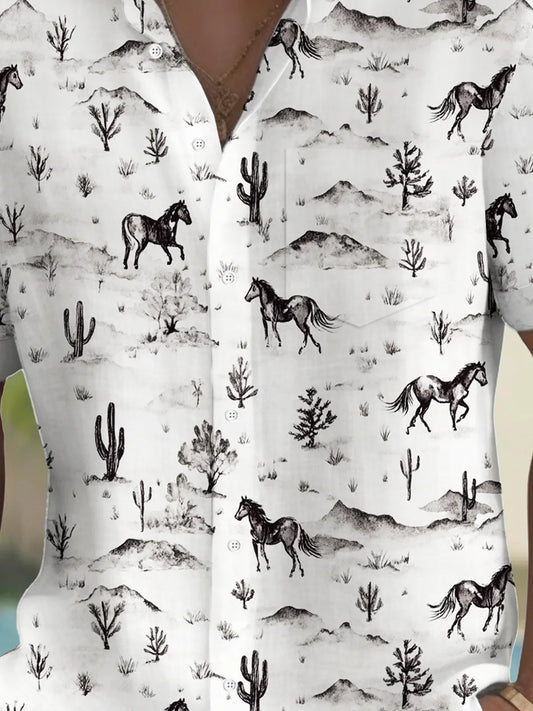 Men's White Horse Printed Shirt – Relaxed Fit Summer Casualwear