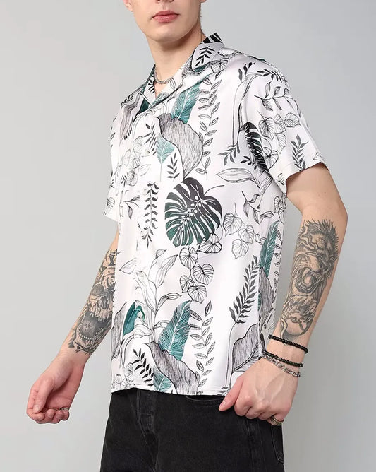 Men's White Leaf Print Shirt – Relaxed Fit Summer Casualwear