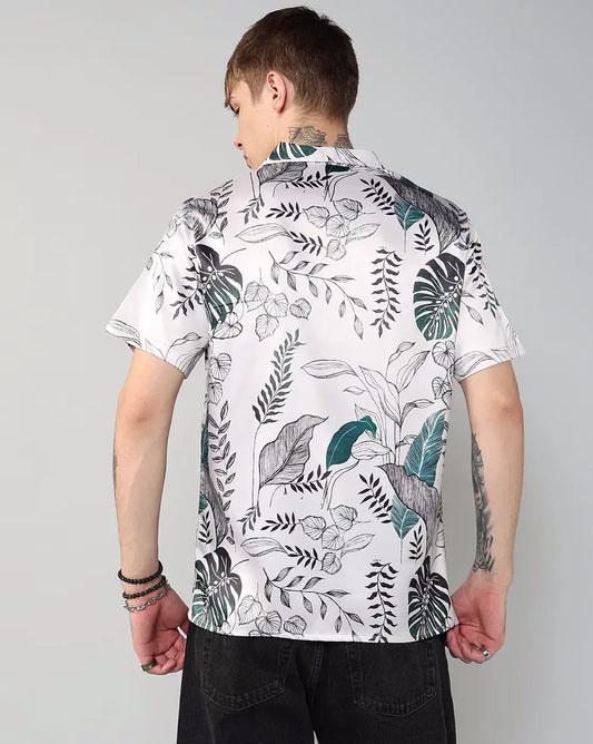 Men's White Leaf Print Shirt – Relaxed Fit Summer Casualwear