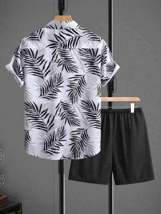 Men’s White Leaf Print Shirt and Shorts Co-ord Set – Casual Summer Outfit